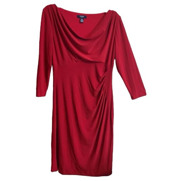 Chaps Women's Red Cowl Neck Ruched Sheath Dress Flattering 3/4 Sleeve -Size L - Picture 2 of 11